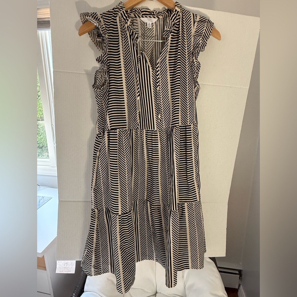 Striped Black and Cream Tiered Midi Dress
